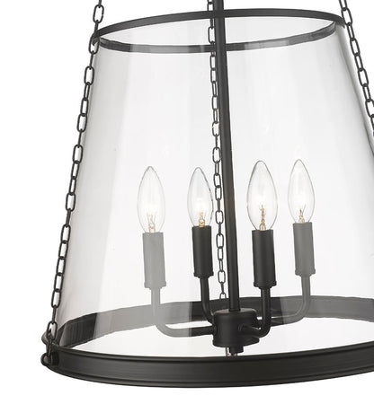 prescott pendant light in matte black with clear tapered glass shade and four candelabra bulbs.