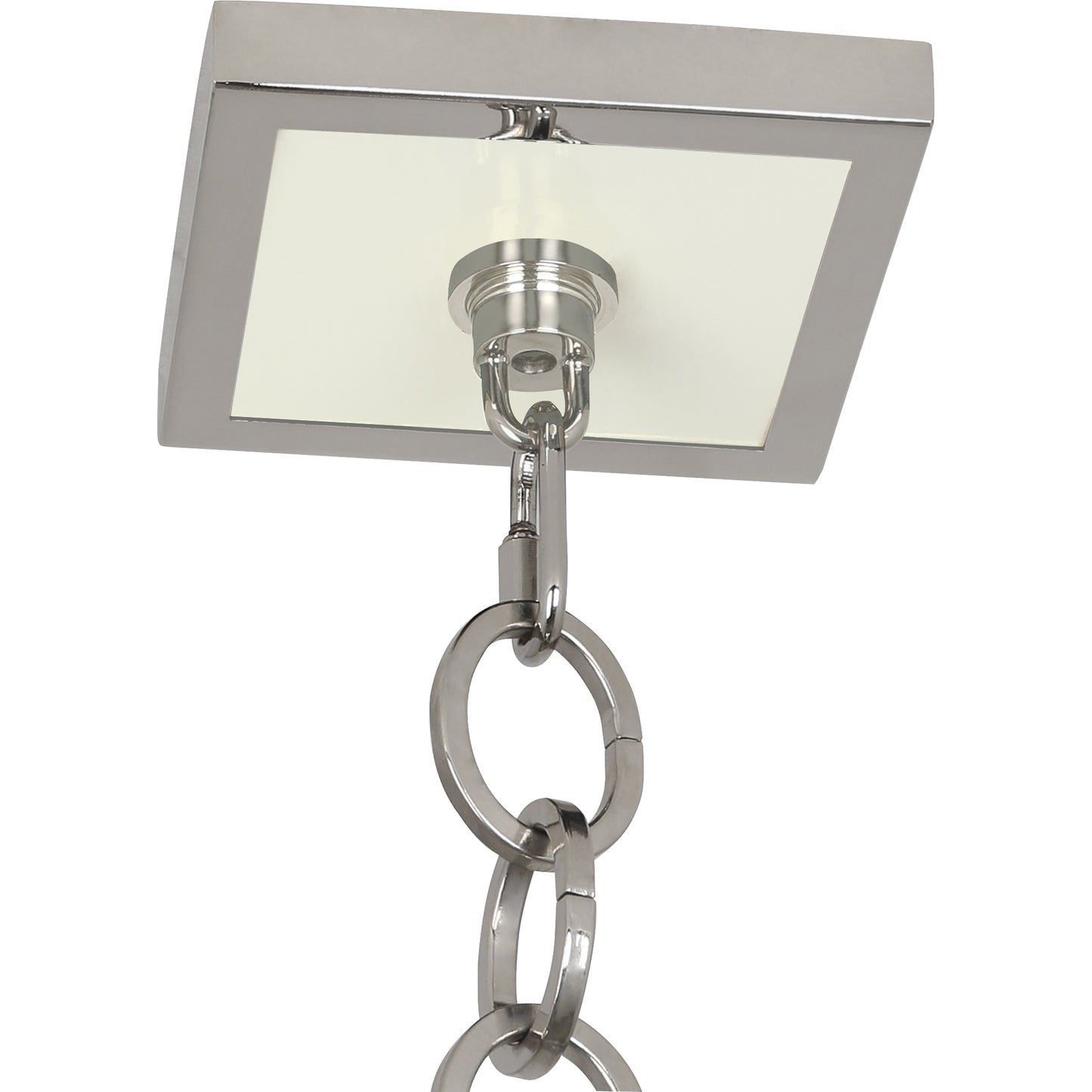 Close-up of Ranger Pendant Light ceiling mount in glossy white with polished nickel accents.