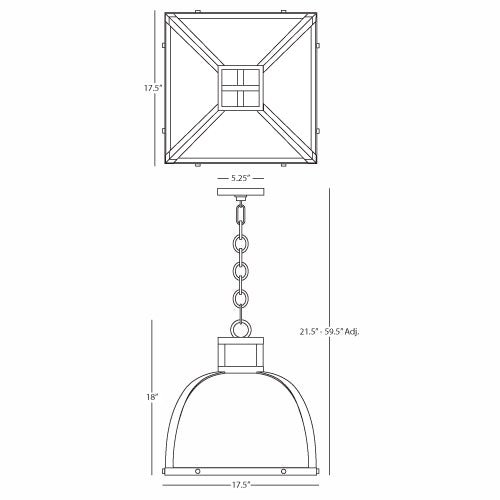 Dimensional diagram of the Ranger Pendant Light showing its height, width, and adjustable chain length.