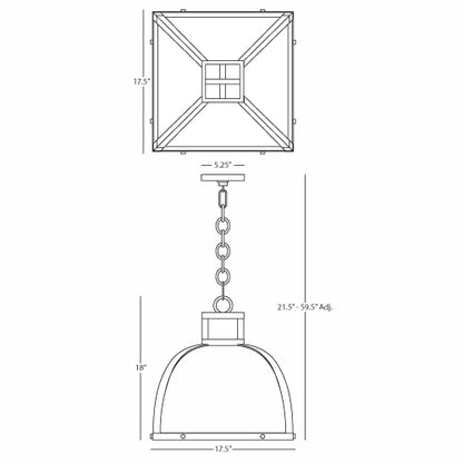 Dimensional diagram of the Ranger Pendant Light showing its height, width, and adjustable chain length.