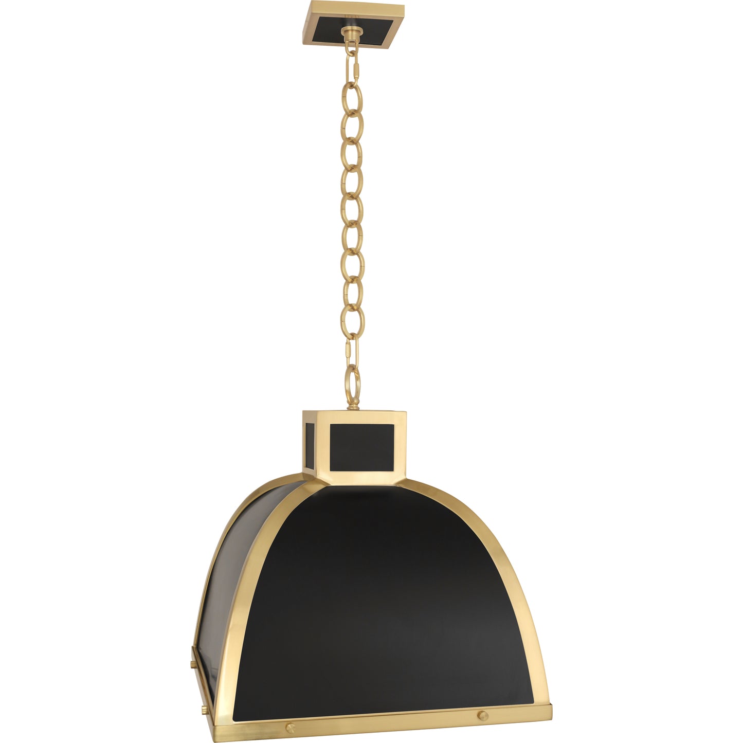 Full view of Ranger Pendant Light in matte black with modern brass, featuring a bell-shaped design.