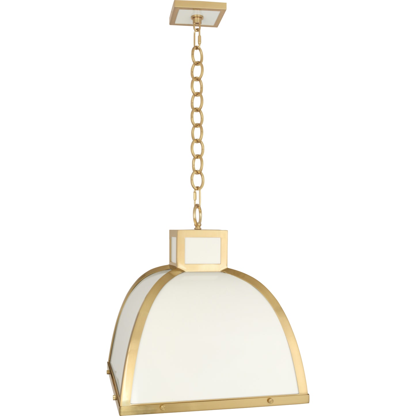 Full view of Ranger Pendant Light in glossy white with modern brass accents, featuring a bell-shaped silhouette.