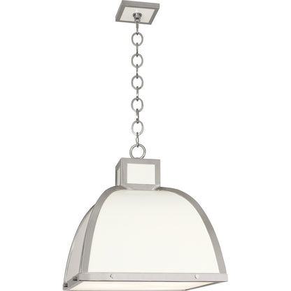 Full view of Ranger Pendant Light in polished nickel with a square white glass diffuser and elegant chain detail.