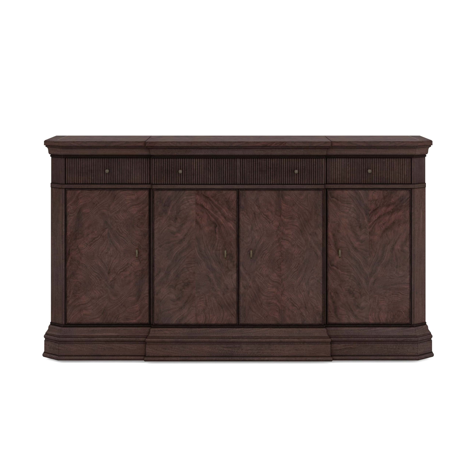 Front view of the Revival Traditional Credenza, featuring four soft-close doors and rich mahogany wood texture.