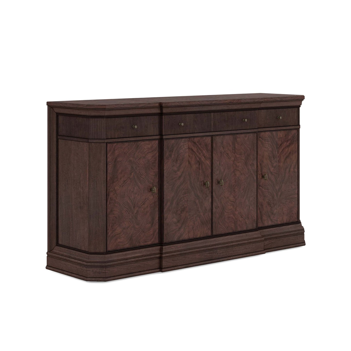 Revival Traditional Credenza in rich Napa Mahogany with reeded drawer fronts and canted corners, showcasing ample storage and intricate detailing.