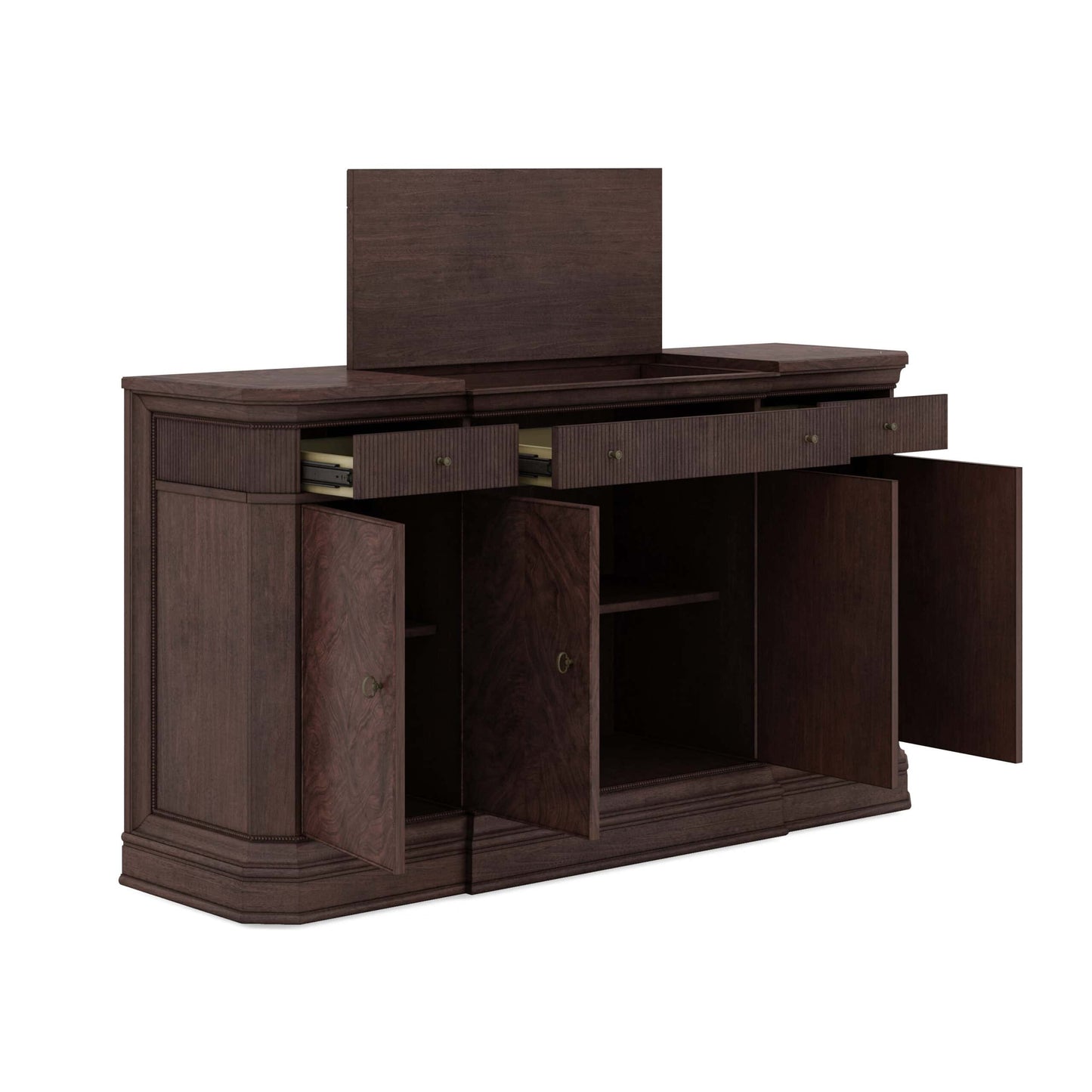 Revival Traditional Credenza with doors and drawers open, displaying ample storage space and felt-lined compartments.