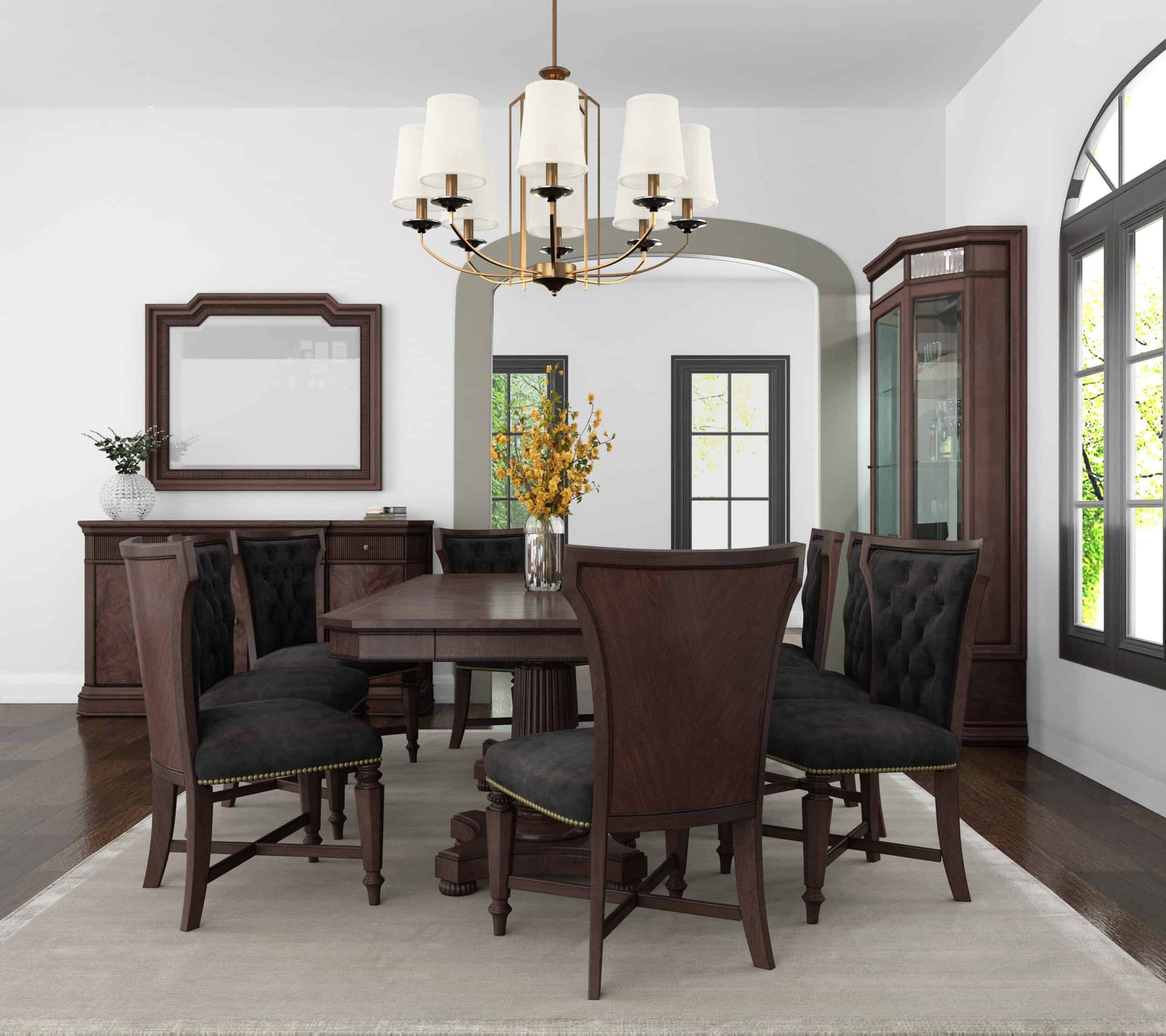 The Revival Credenza by A.R.T. Furniture in a beautifully styled room, showcasing its mahogany finish and elegant design.