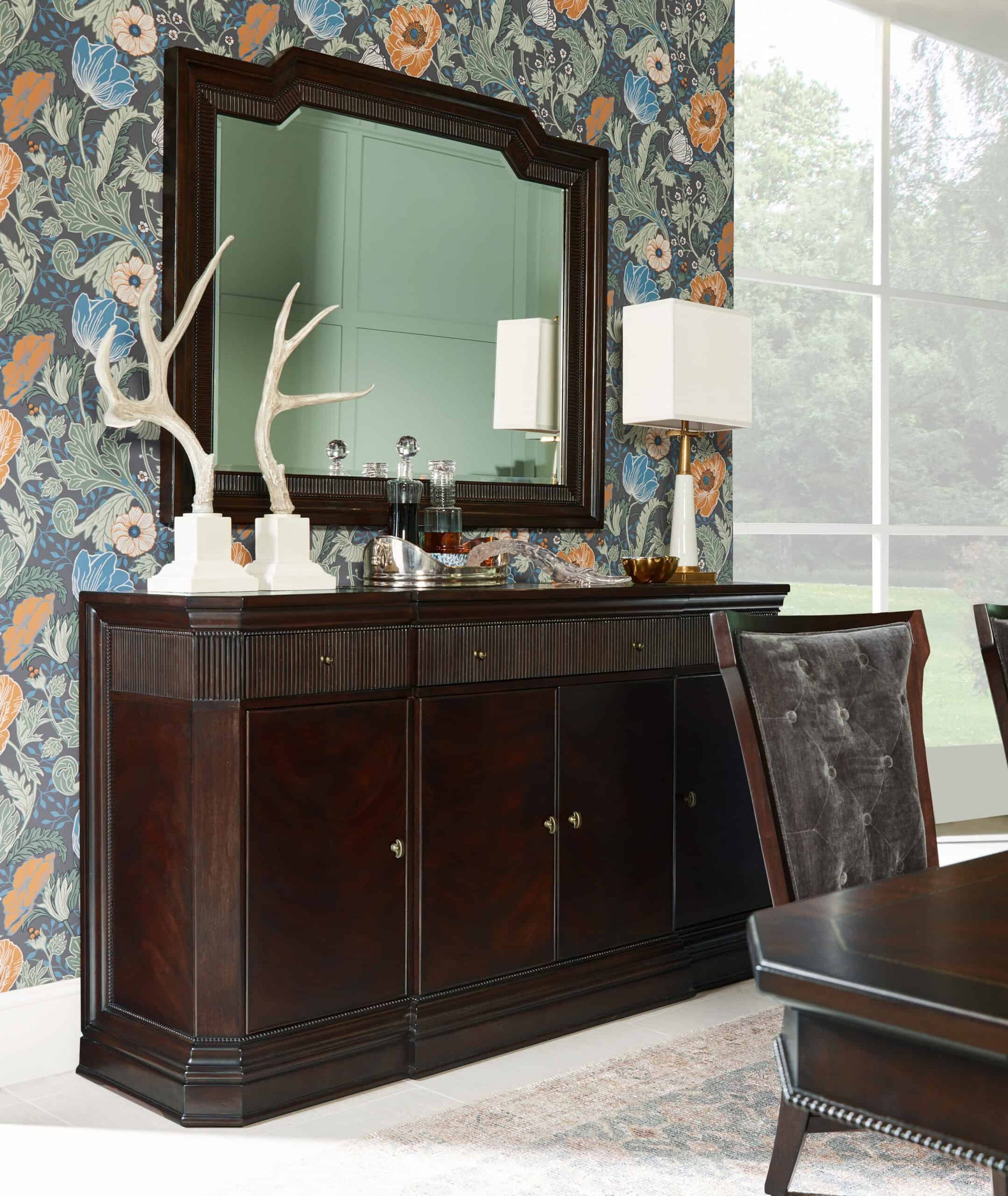 Revival Traditional Credenza in a styled room setting, enhancing the space with its luxurious mahogany finish and classic elegance.