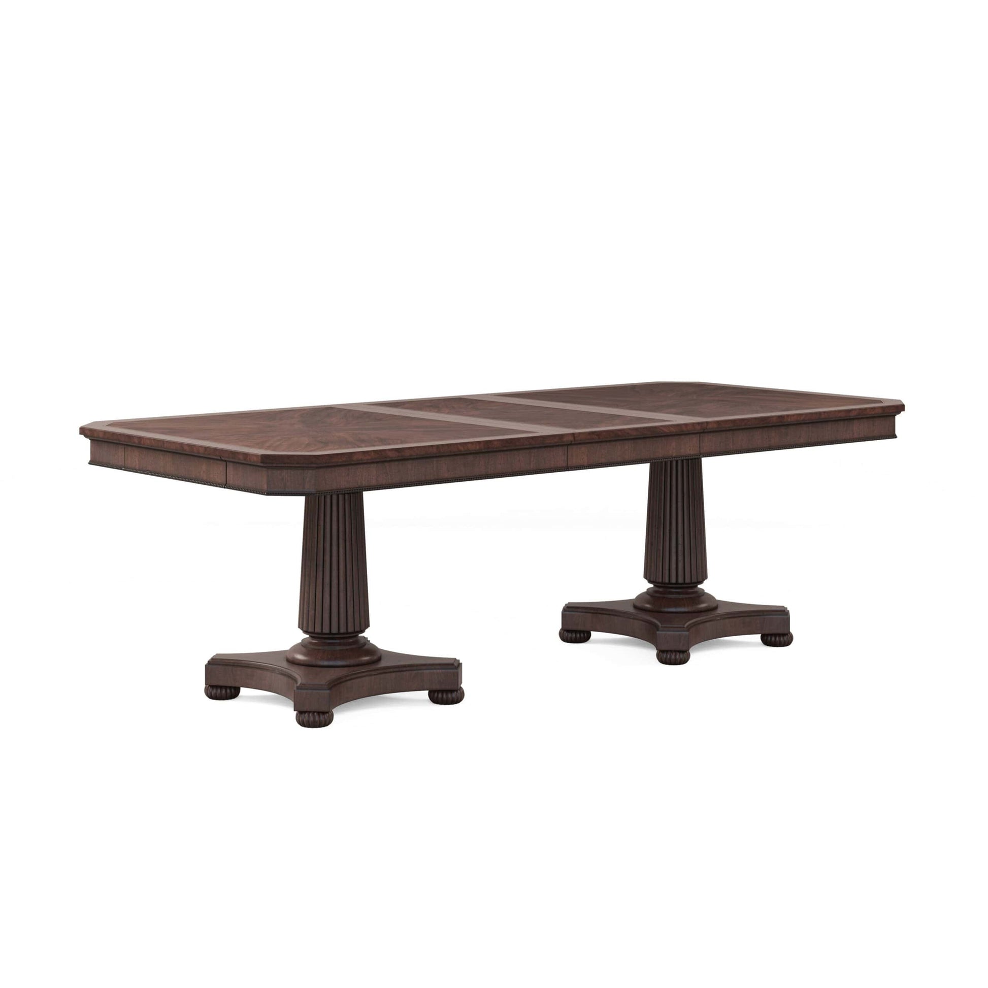 Side profile of the Revival Traditional Double Pedestal Dining Table with one leaf extended in a napa mahogany finish.