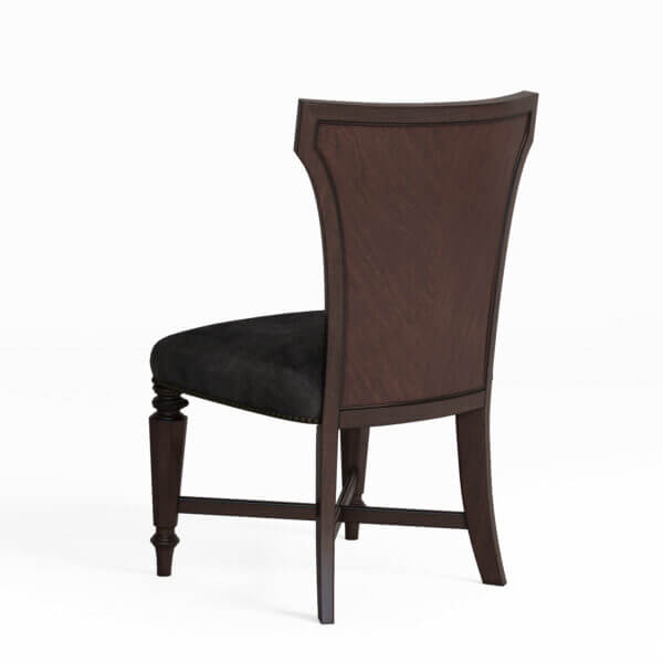 Back view of the Revival Upholstered Dining Chair, highlighting the mahogany veneers and intricate detailing.