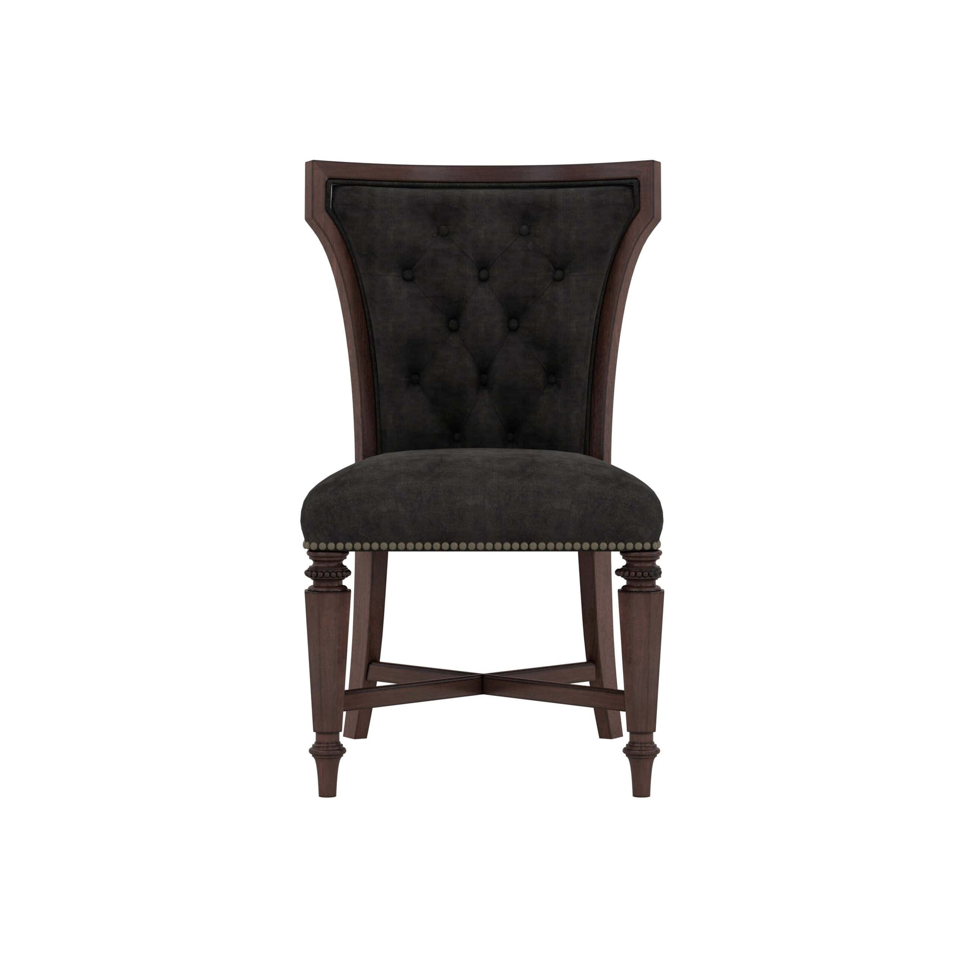 Front view of the Revival Traditional Upholstered Dining Chair by A.R.T. Furniture, featuring plush charcoal velvet upholstery and mahogany frame.