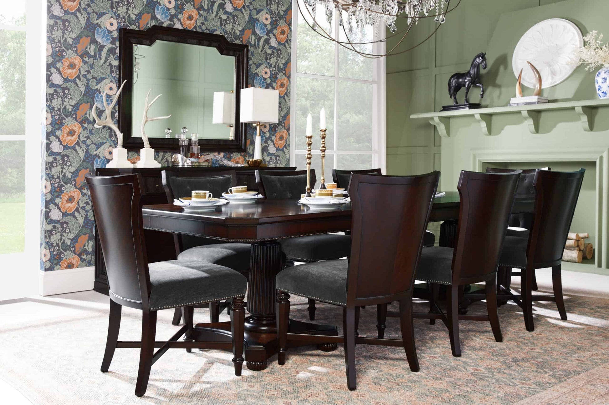 Revival Traditional Upholstered Dining Chair set around a dining table in an elegant room setting.