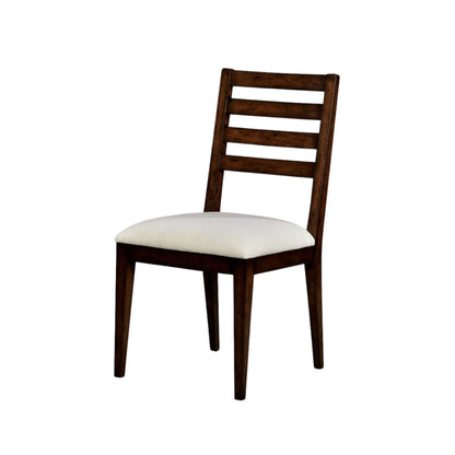 A dark wood dining chair with a ladder-style backrest and a white fabric upholstered seat.