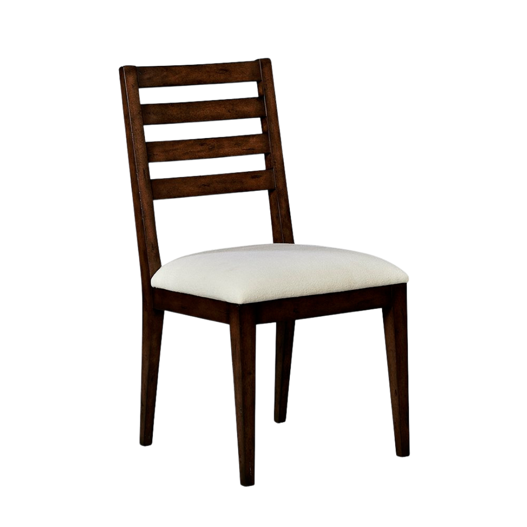 A dark wood dining chair featuring a ladder-style backrest and a soft white upholstered seat.