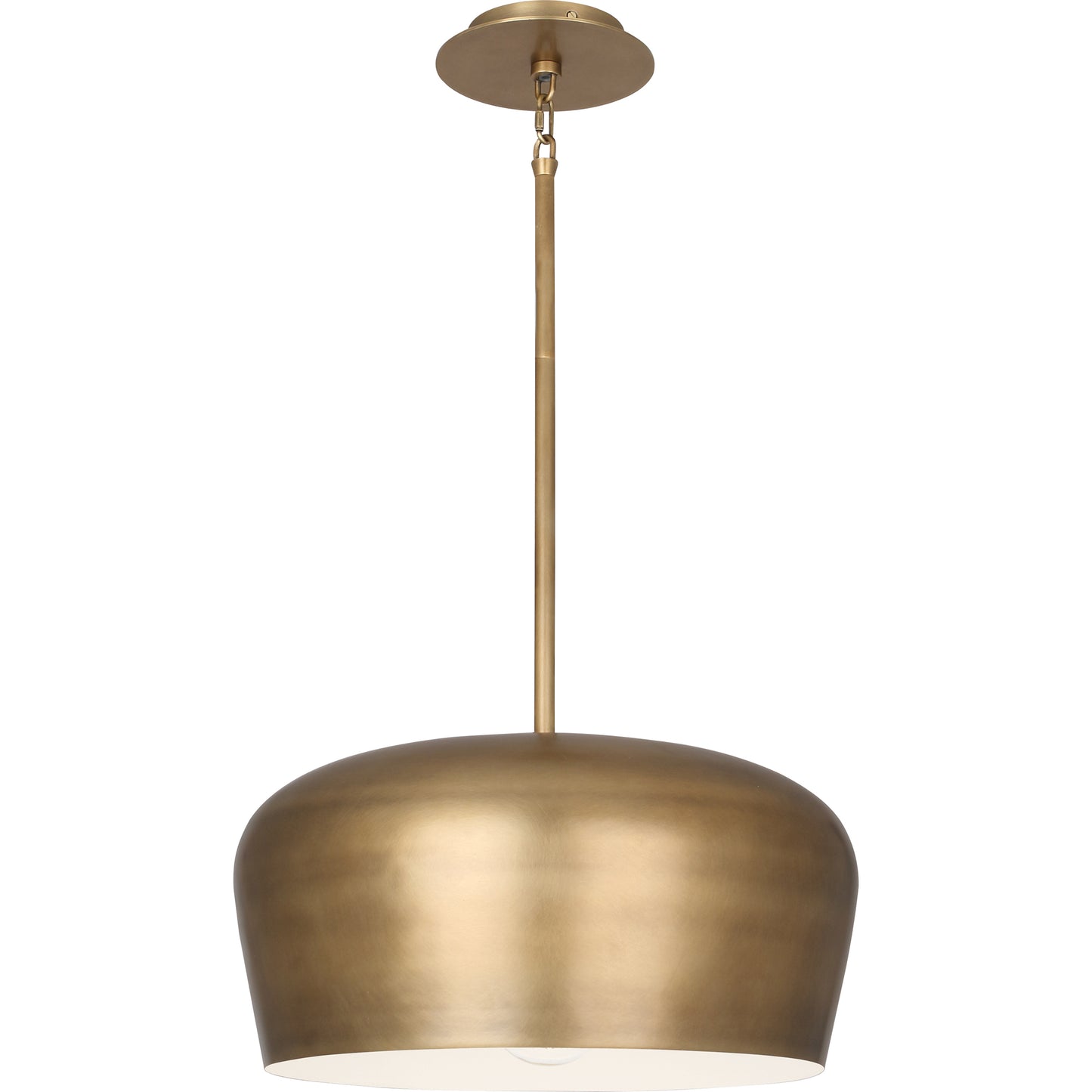 Brass metal pendant light with a dome-shaped shade and a sleek rod attachment.