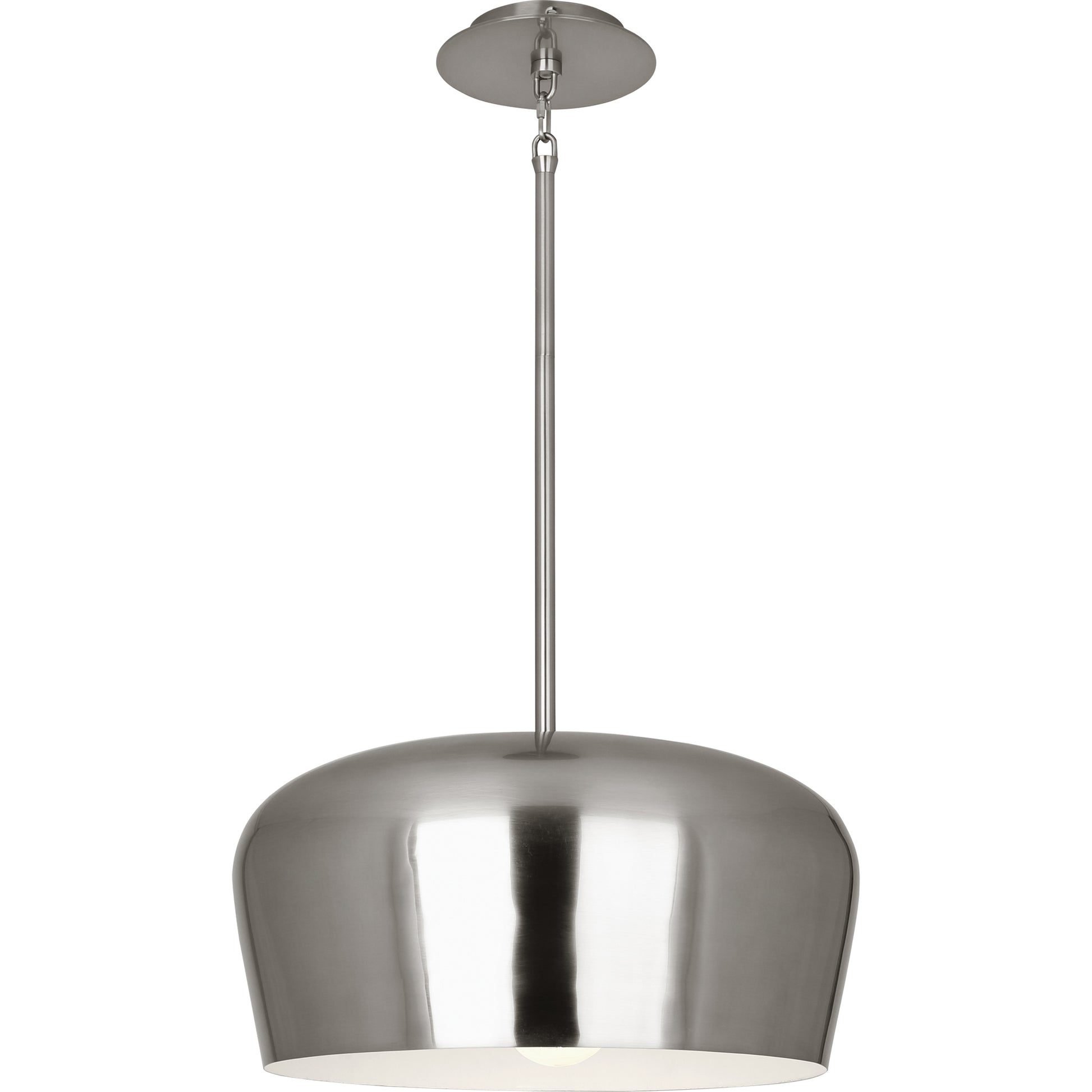 Brushed metal pendant with a sleek dome shade in nickel finish, hanging on an adjustable rod.