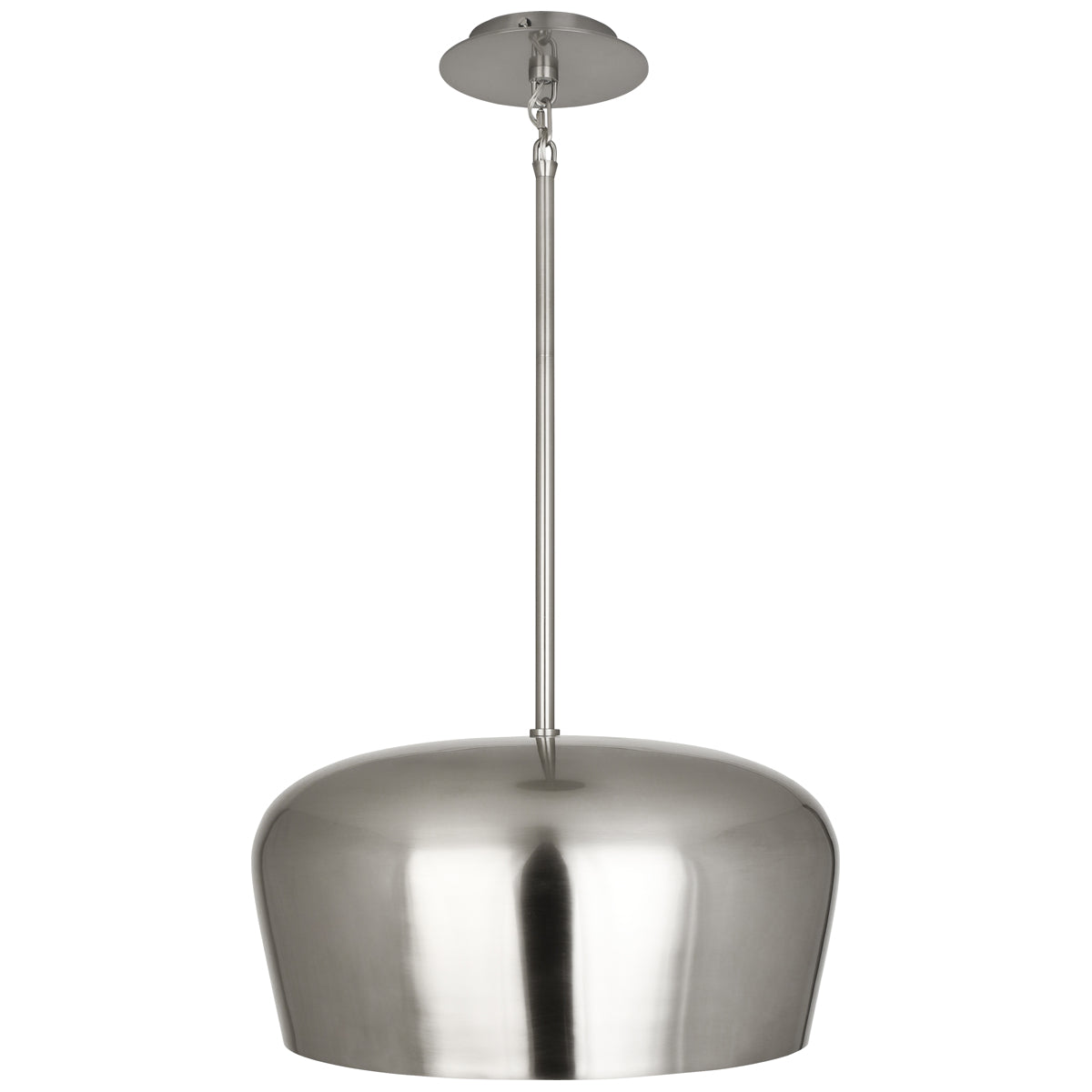 Nickel metal pendant light featuring a reflective dome-shaped shade and a minimalist rod attachment.