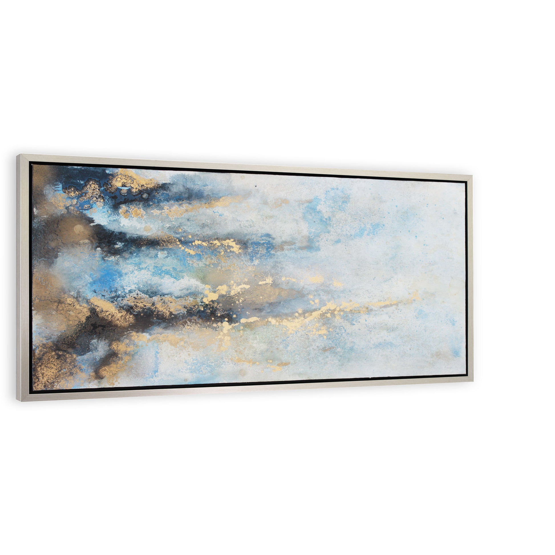 Rising River canvas with blue hues, gold accents, and silver frame in a contemporary style.