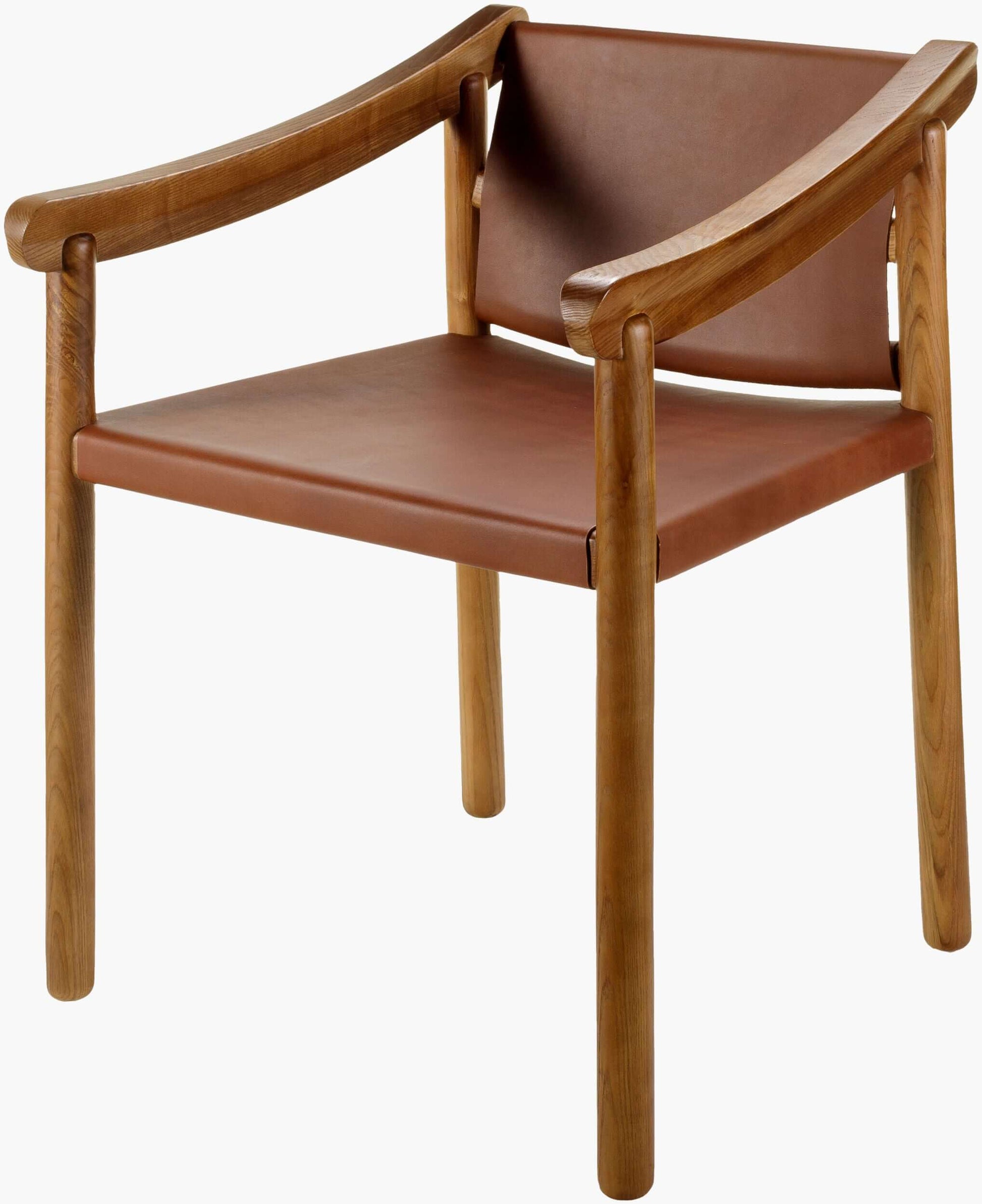 Detailed view of the Raymond Dining Chair's leather upholstery and wooden frame, highlighting its quality and elegance.