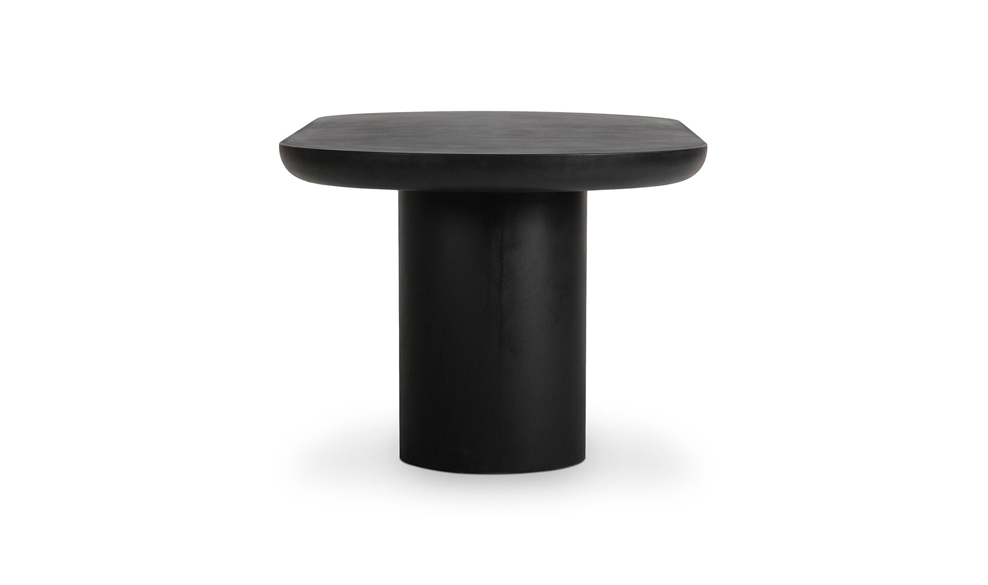 Side profile of the Rocca black concrete dining table, emphasizing its contemporary oval design.