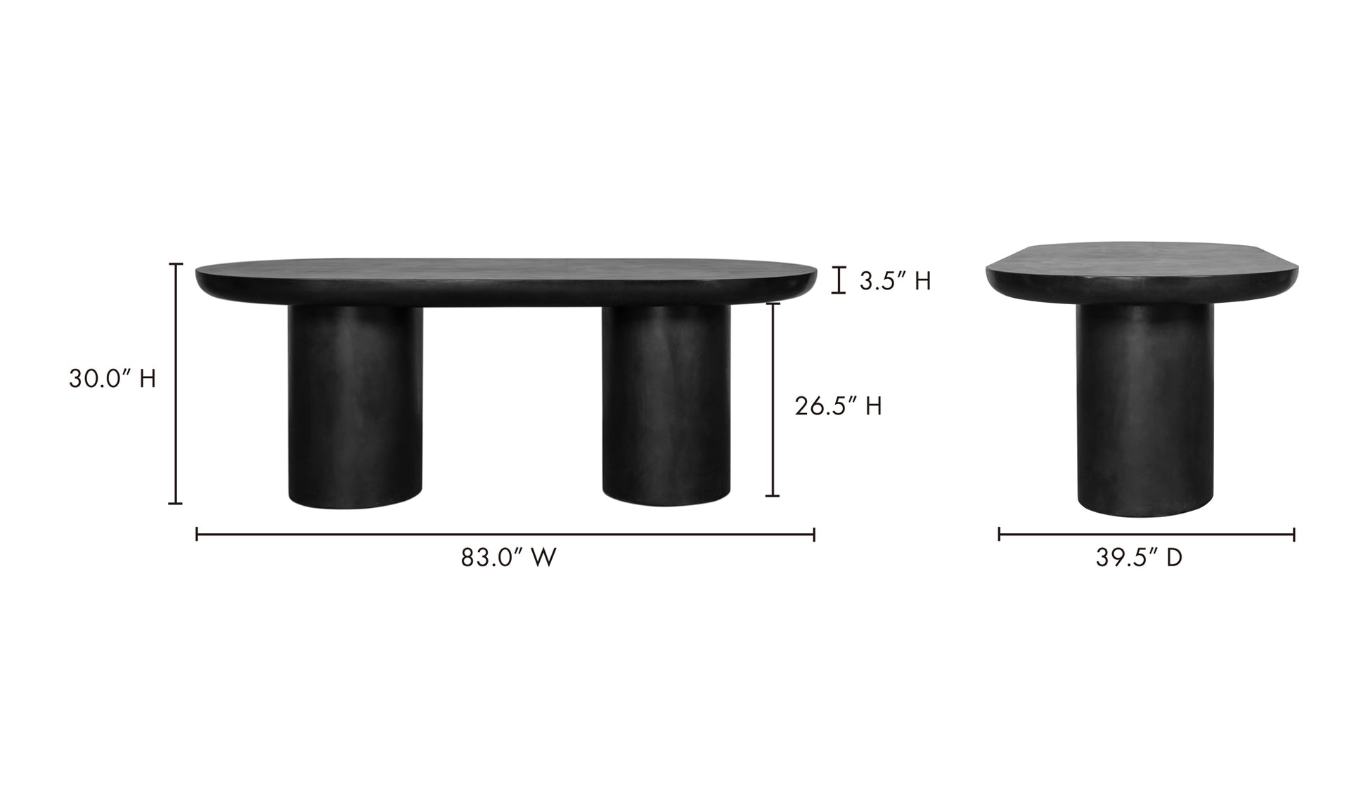 Detailed dimensions of the Rocca black oval dining table with black concrete oval top and twin legs.