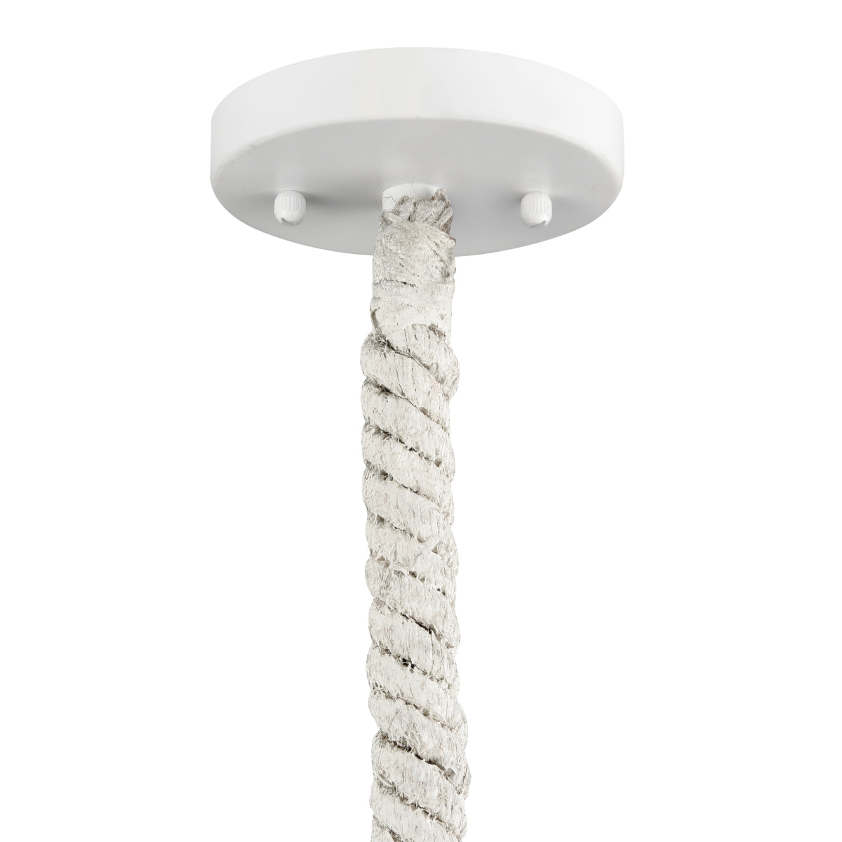 Close-up of the white ceiling mount and rope cord on the Air Loom 16.5” Wide Pendant Light.