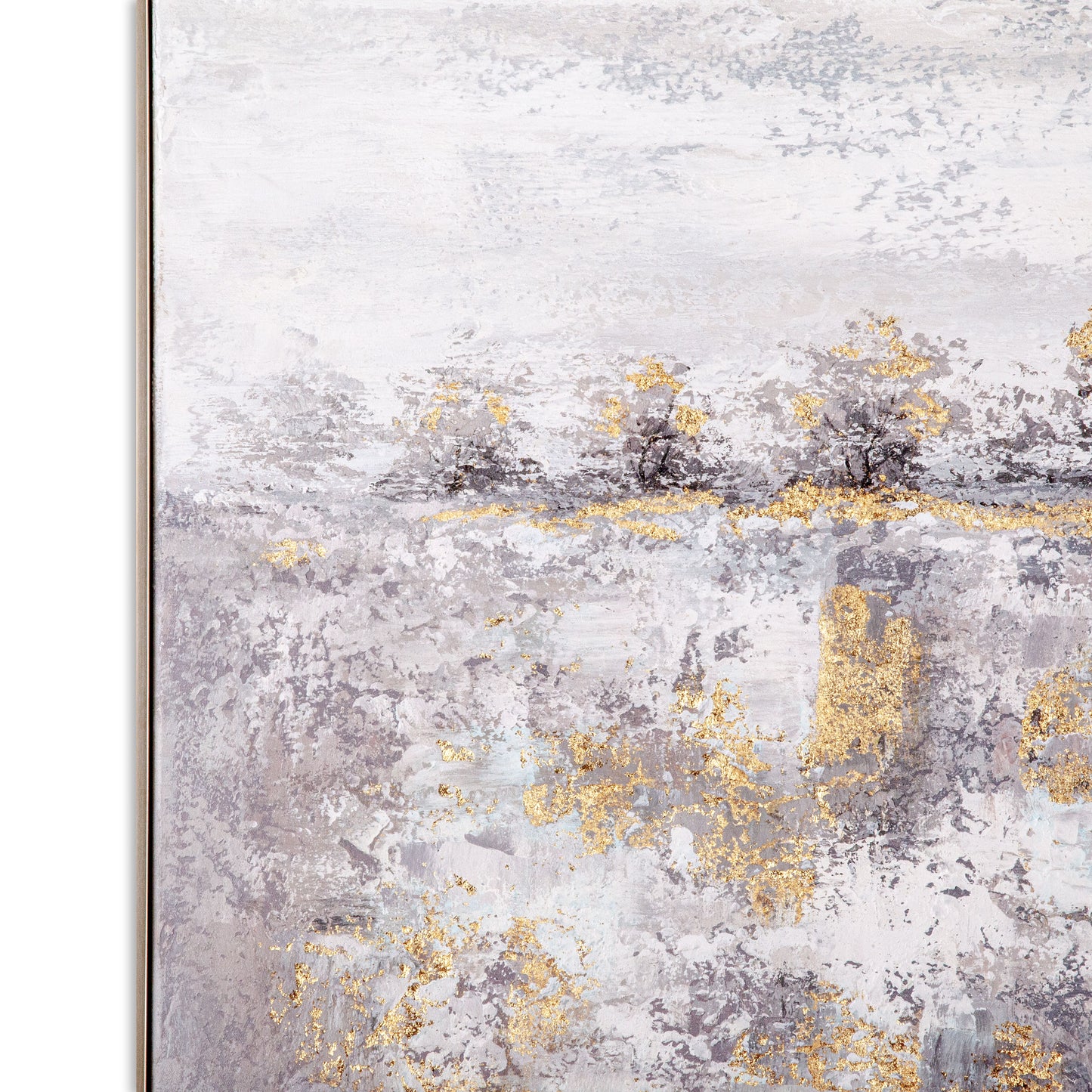 Close-up of Rugged Vale canvas with grey, white, and gold foil accents.