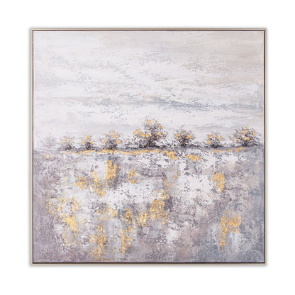 Abstract painting with grey, white, and gold tones framed in silver.