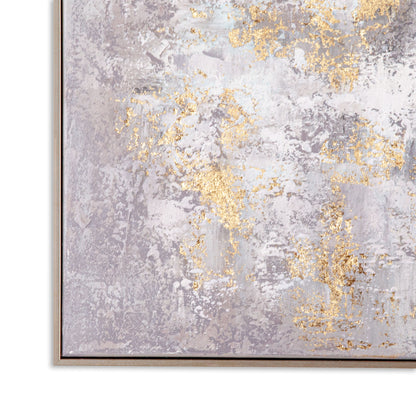 Detailed shot of gold foil accents against a serene white and grey hand-painted background.