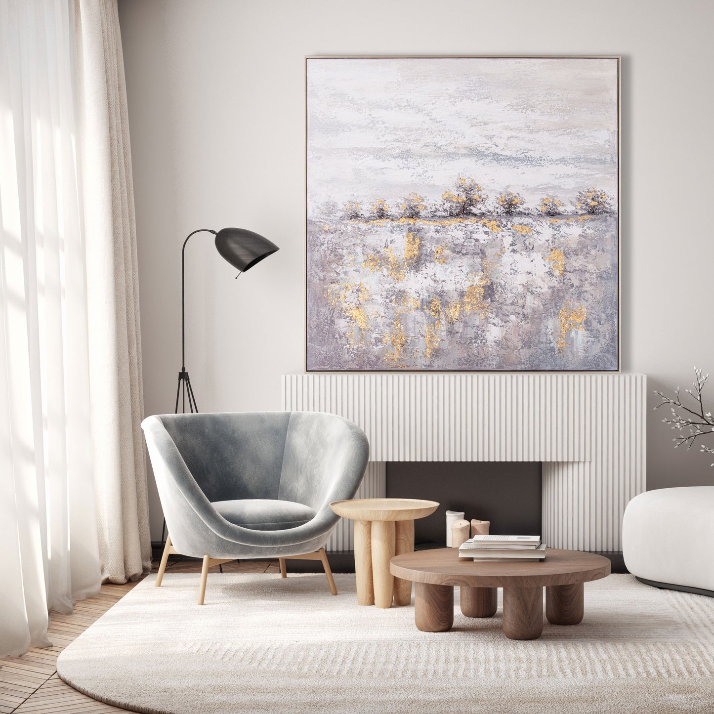 Rugged Vale artwork styled above a cozy modern living room.