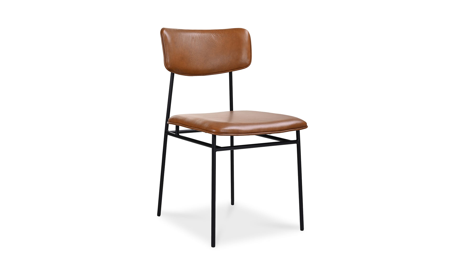 Sailor brown leather dining chair with a modern black iron frame and top-grain leather seat, angled front view.