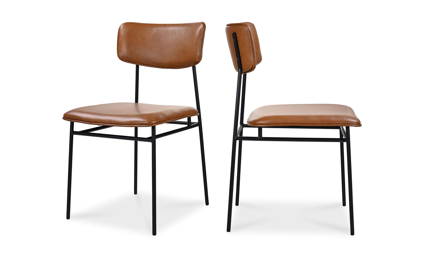 Sailor brown leather dining chairs, set of two front and side angle.