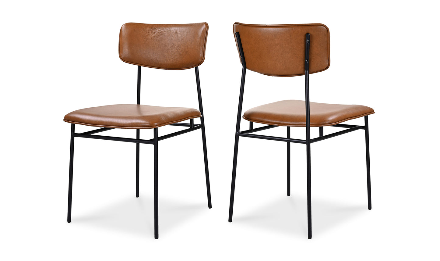 Pair of Sailor brown leather dining chairs with black iron frames, side and back views.