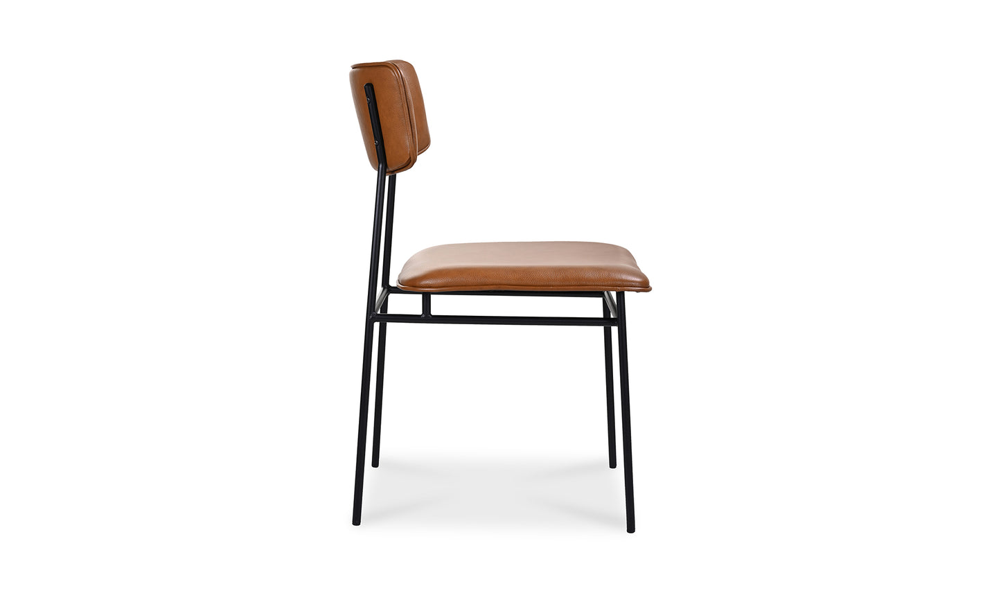 Sailor brown modern leather dining chair with black iron frame, side view.