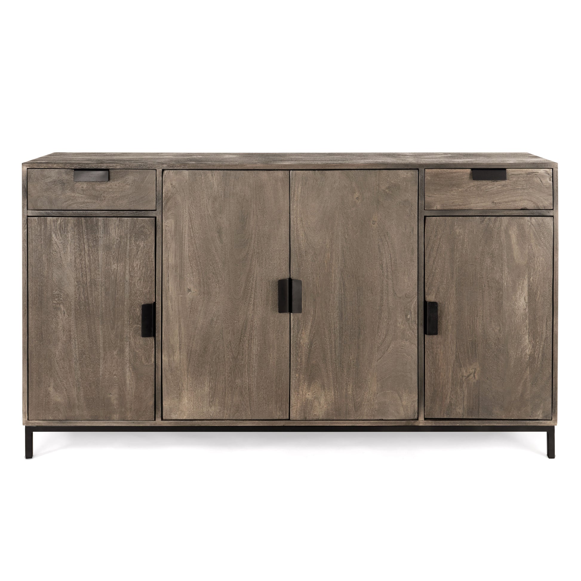 Front view of a modern wood sideboard featuring three cabinets and two drawers.