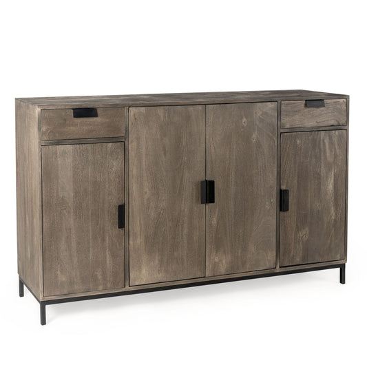 Wide brown wood sideboard with clean lines and black metal accents.