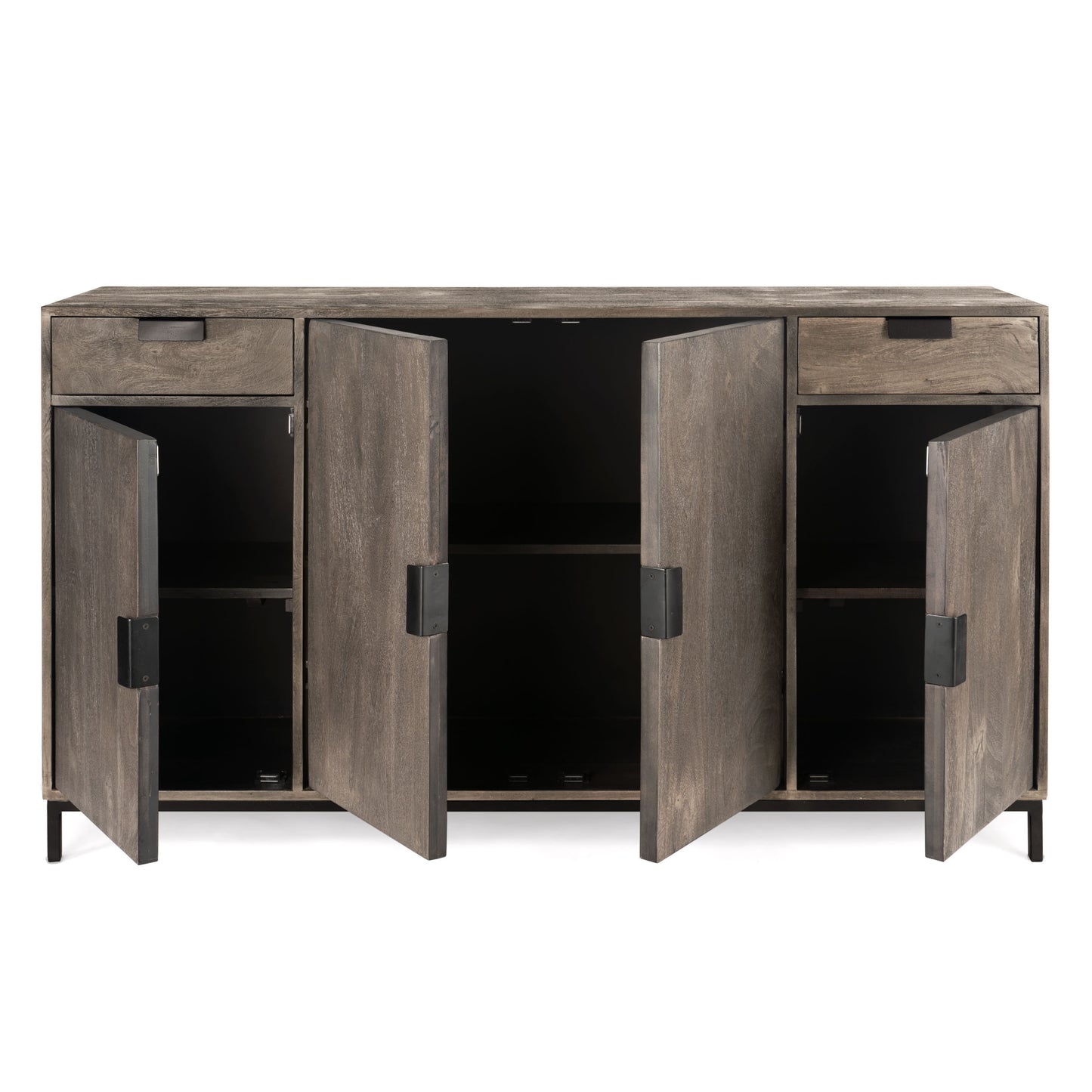 Open cabinet view of a spacious acacia wood sideboard with ample storage.