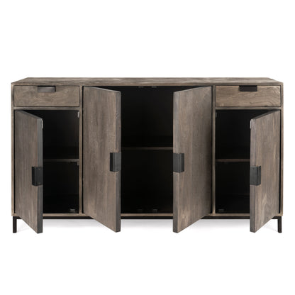 Open cabinet view of a spacious acacia wood sideboard with ample storage.