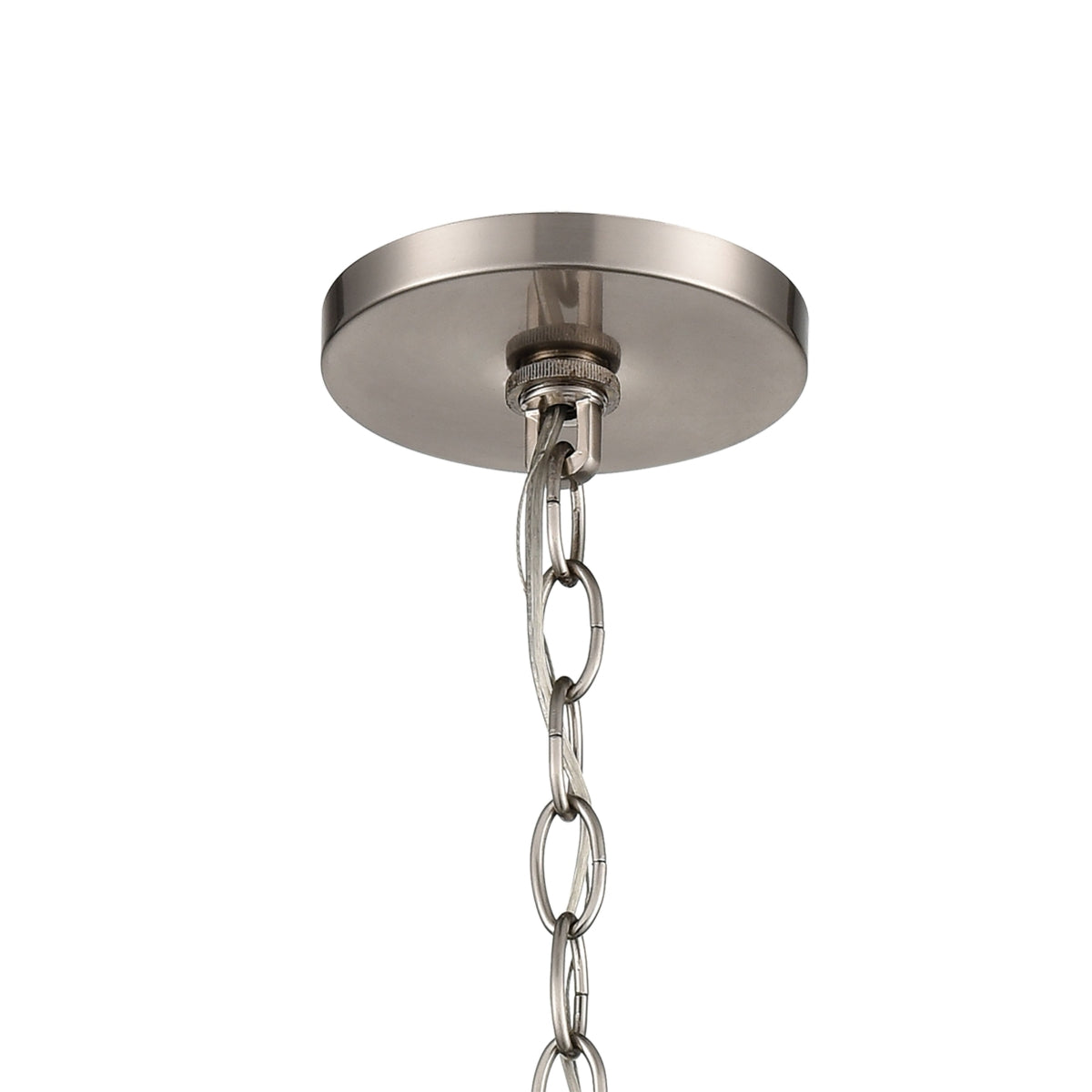 Satin nickel ceiling mount with adjustable chain for Amore 12'' Pendant Light.