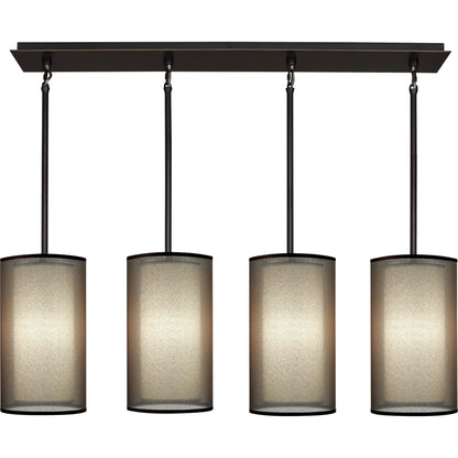 Saturina Chandelier with deep patina bronze finish and layered fabric shades for a warm glow.