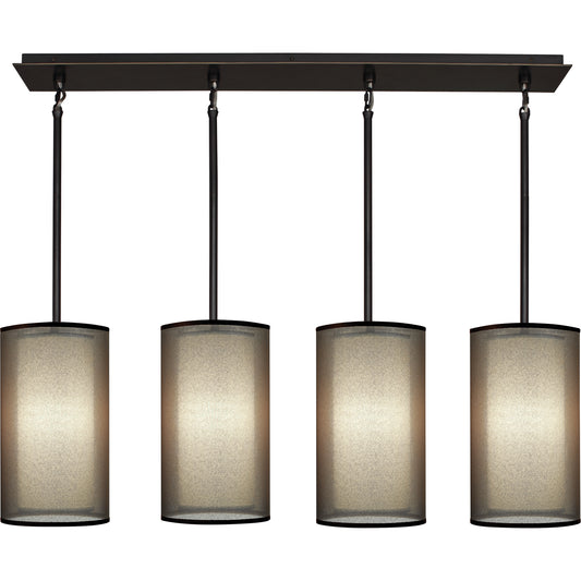 Saturina Chandelier with deep patina bronze finish and layered fabric shades for a warm glow.