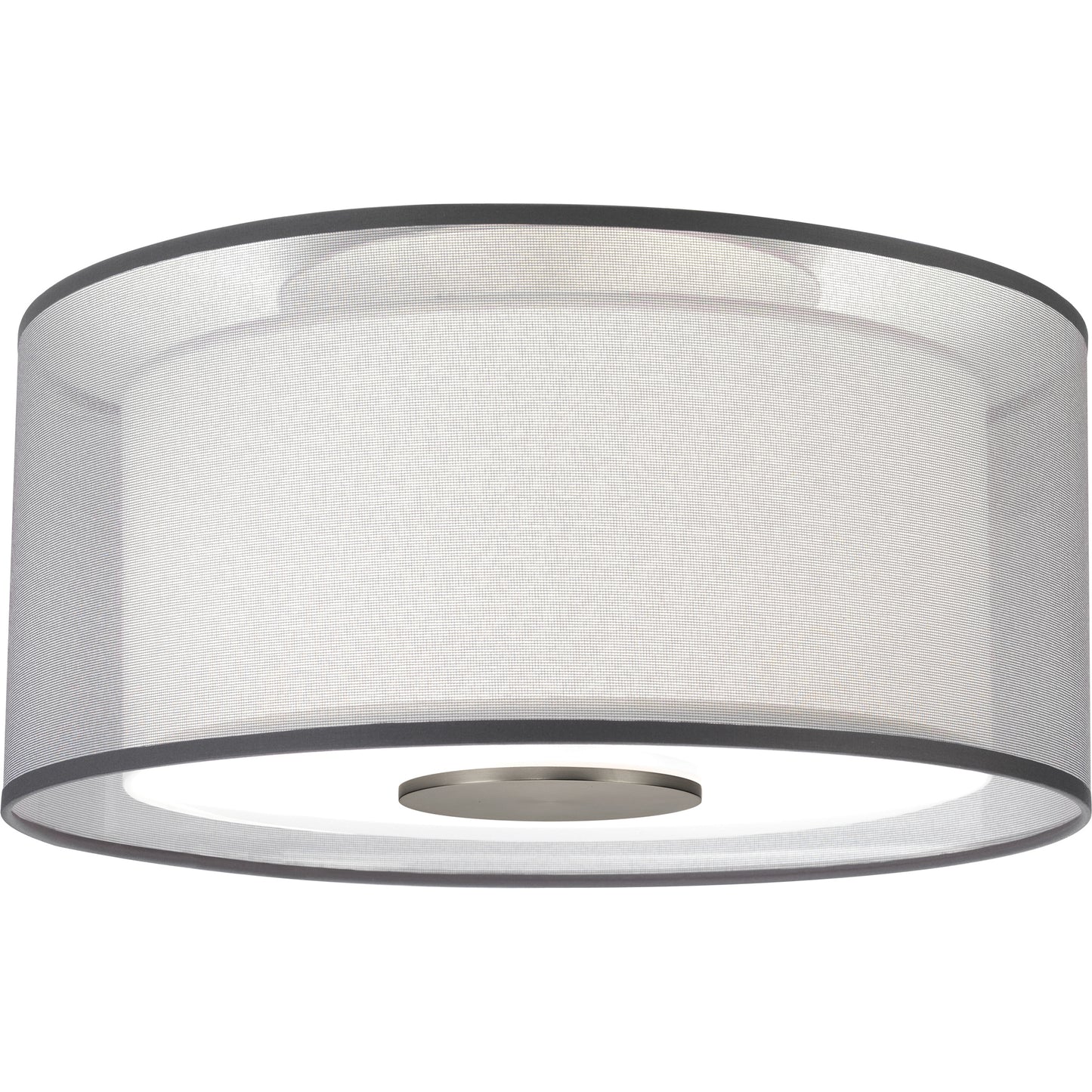 Saturnia flush mount in stainless steel finish with dual-layer fabric shade, ideal for dining rooms.