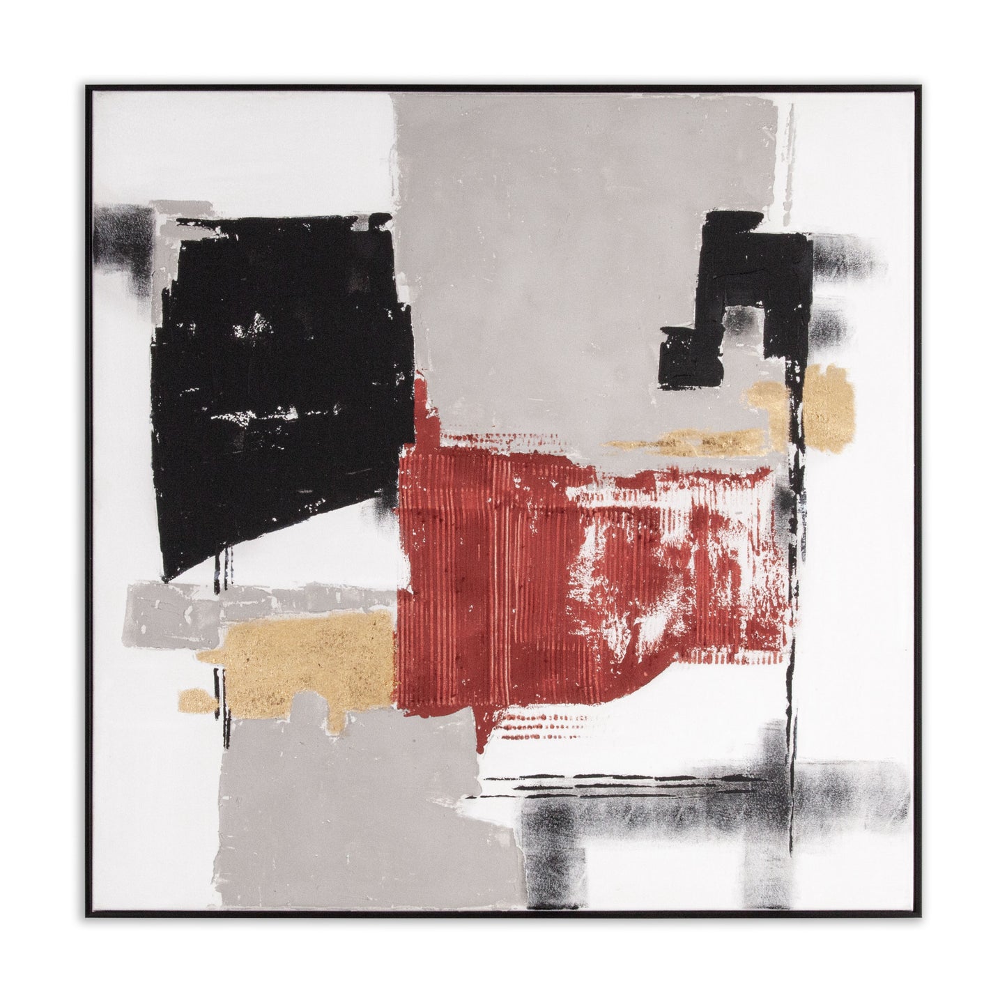 Abstract painting with red, black, and grey color blocks in a black floater frame.