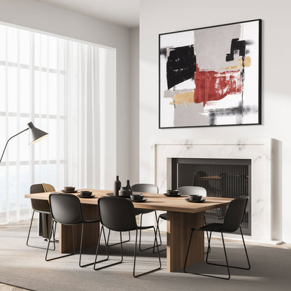 Dining room featuring Scarlet Surrender canvas above a modern wood table.