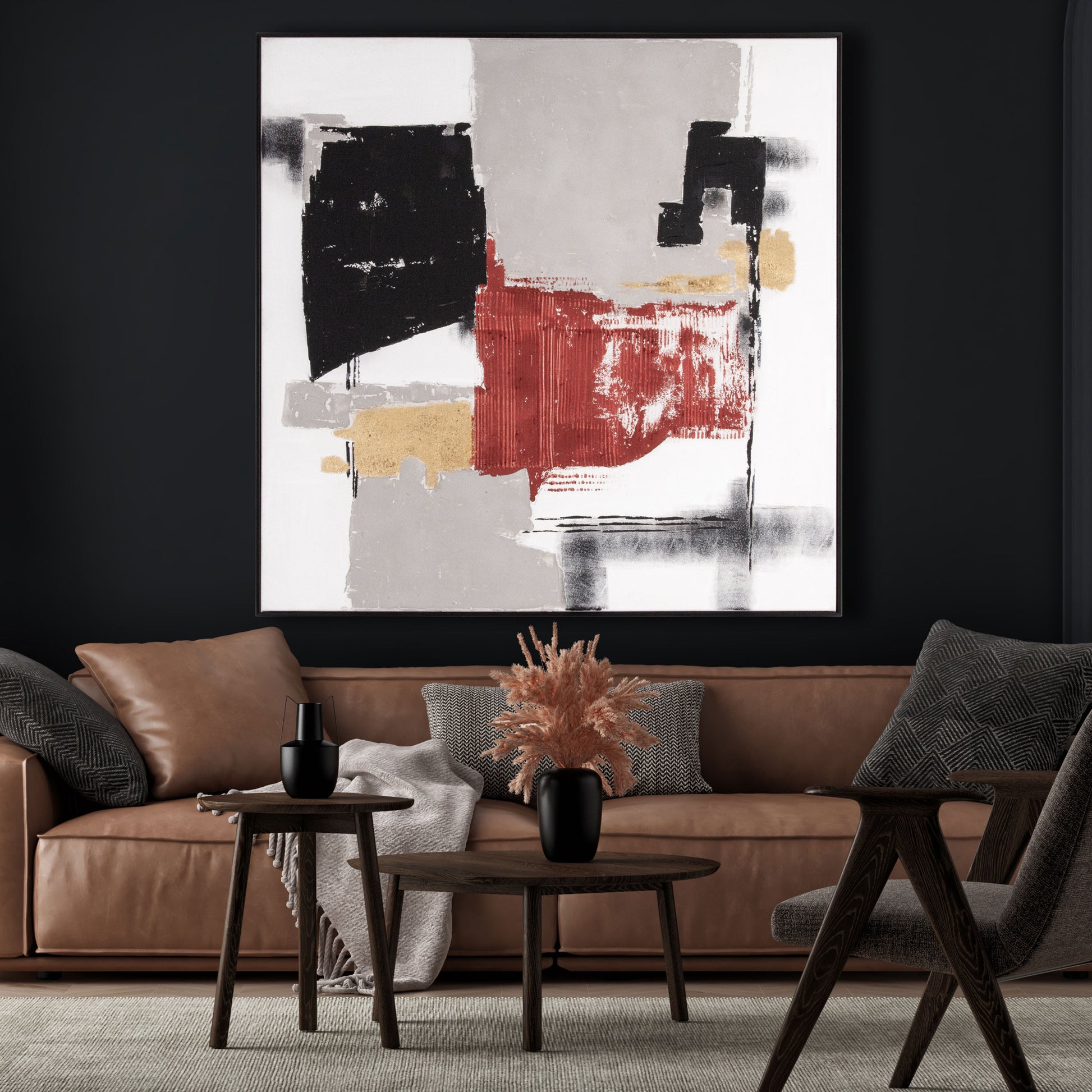 Scarlet Surrender artwork displayed in a cozy living room with leather sofa decor.