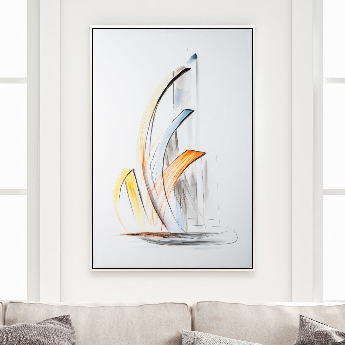 Hand-painted abstract sailboat canvas art with black and silver frame on a wall.