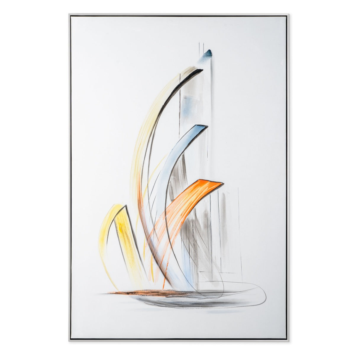 Full view of framed sailboat canvas with abstract yellow, orange, and blue brush strokes.