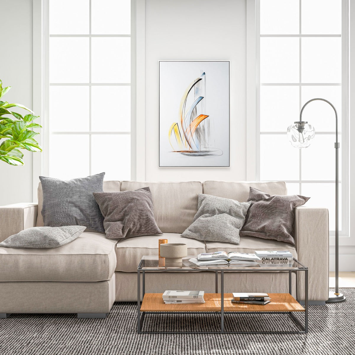 Modern coastal painting displayed in a bright living room setting.