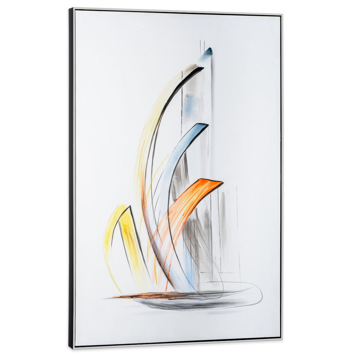 Side view of framed hand-painted sailboat canvas showcasing texture and brush strokes.