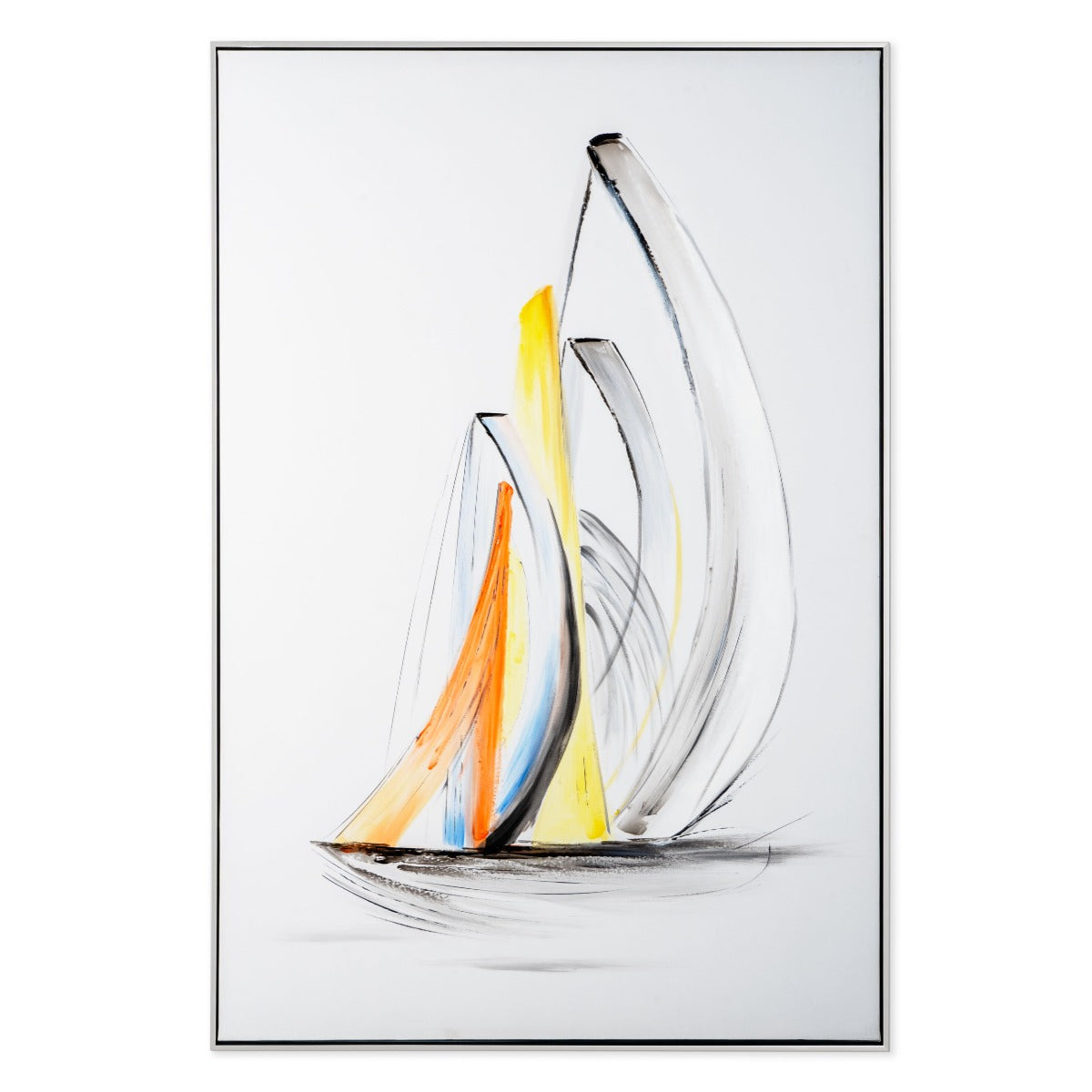 Abstract sailboat hand-painted canvas with yellow, orange, and blue hues.